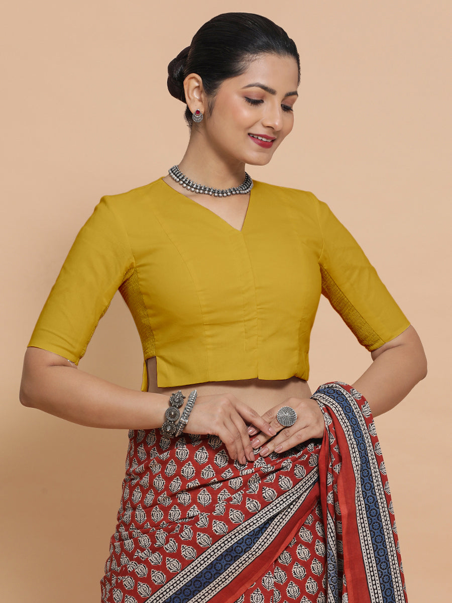 Chaya x Rozaana Saree Blouse, in Yellow Cotton, featuring elbow sleeves and v-neckline, made for daily & work (view 7).