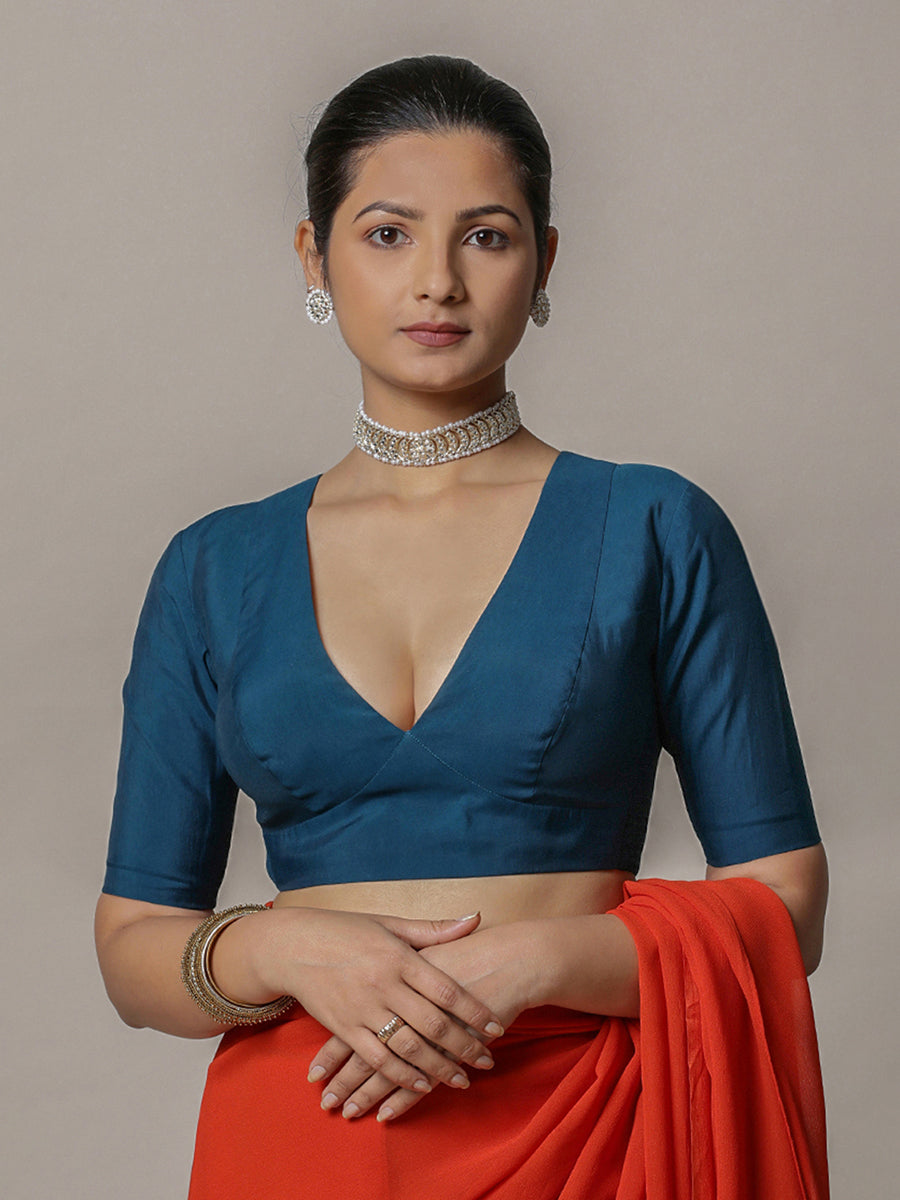Damini x Rozaana Saree Blouse, in Blue Viscose, featuring elbow sleeves and v-neckline, made for daily & work (view 5).