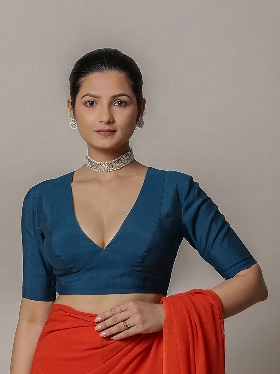 Damini x Rozaana Saree Blouse, in Blue Viscose, featuring elbow sleeves and v-neckline, made for daily & work (view 6).