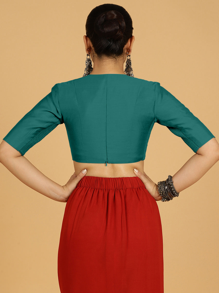 Damini x Rozaana Saree Blouse, in Green Viscose, featuring elbow sleeves and v-neckline, made for daily & work (view 2).