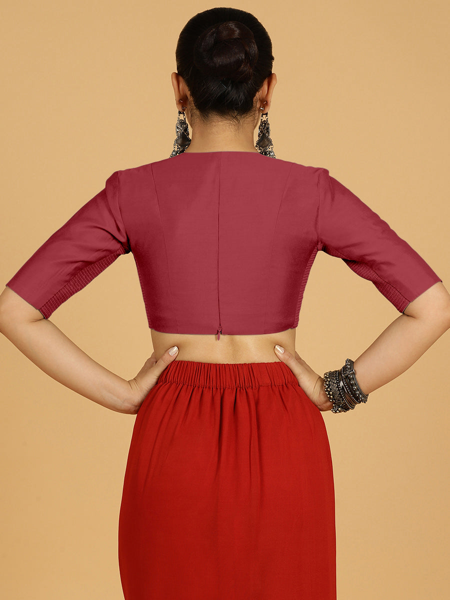Damini x Rozaana Saree Blouse, in Red Viscose, featuring elbow sleeves and v-neckline, made for daily & work (view 2).