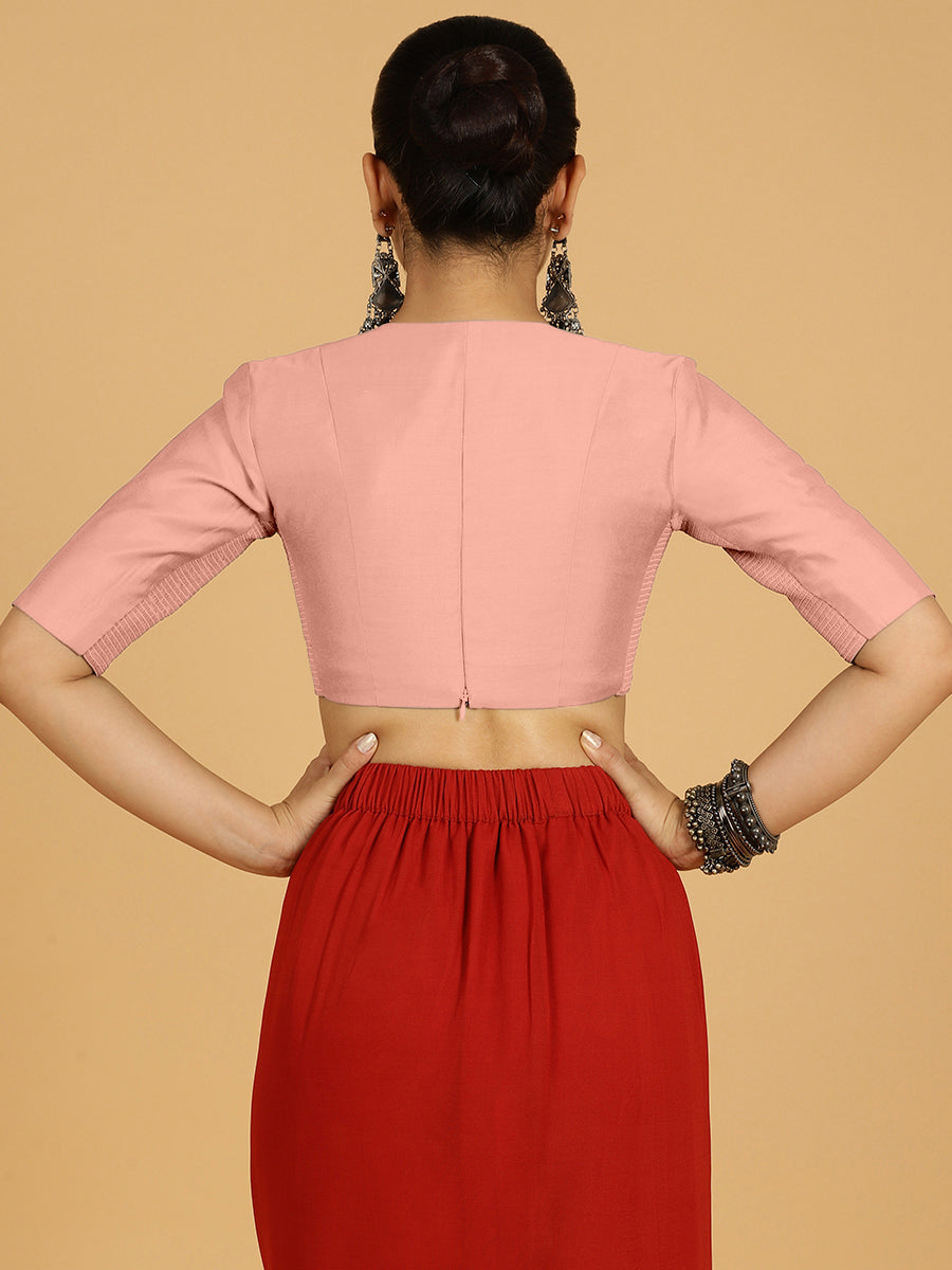 Damini x Rozaana Saree Blouse, in Pink Viscose, featuring elbow sleeves and v-neckline, made for daily & work (view 2).