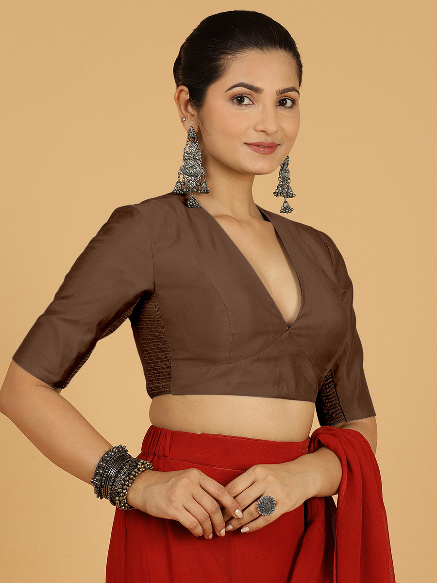 Damini x Rozaana Saree Blouse, in Brown Viscose, featuring elbow sleeves and v-neckline, made for daily & work (view 5).