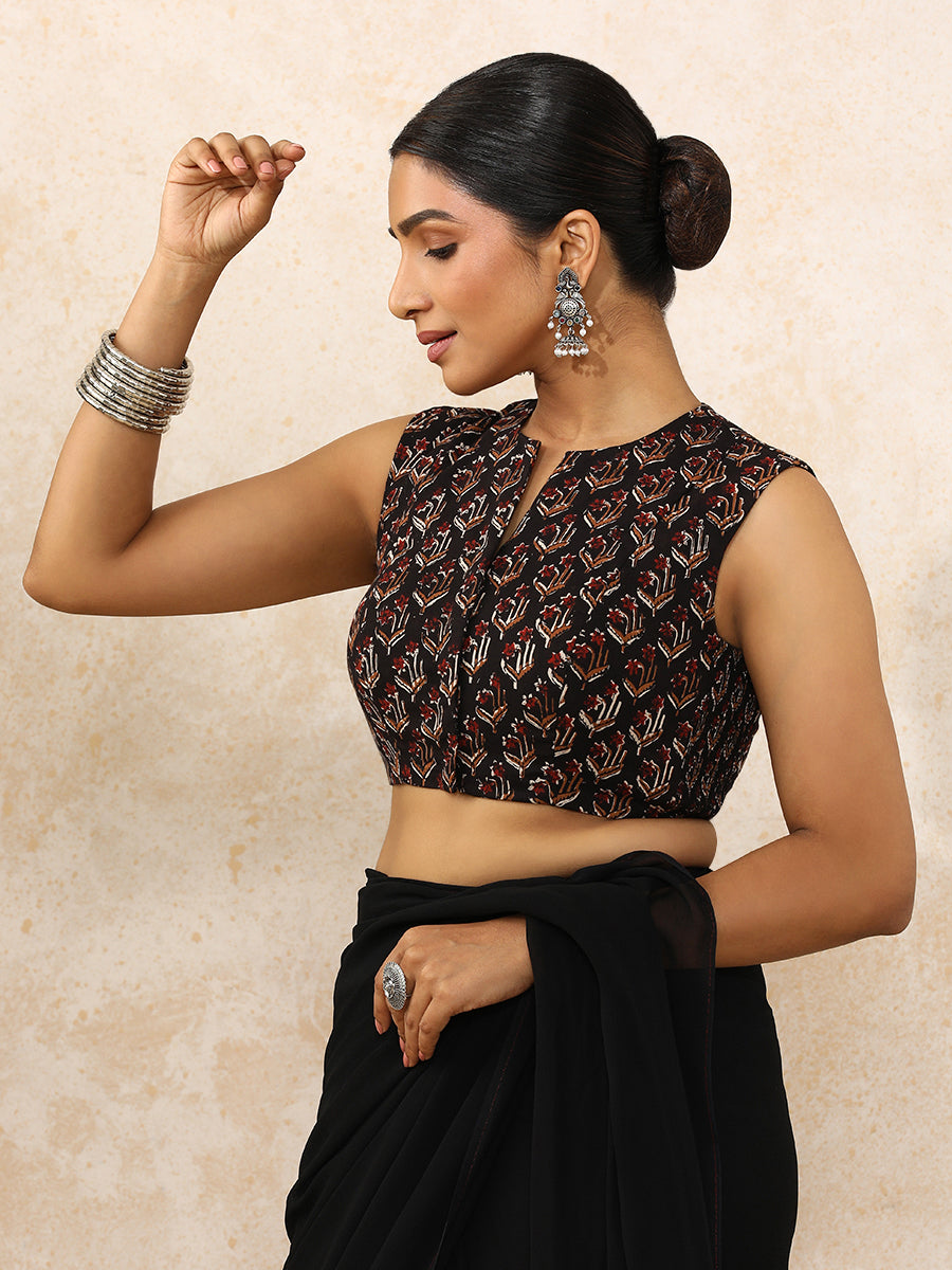 Deetya x Rozaana Saree Blouse, in Black 100% Cotton - Block Printed, featuring sleeveless and jewel neckline (view 6).