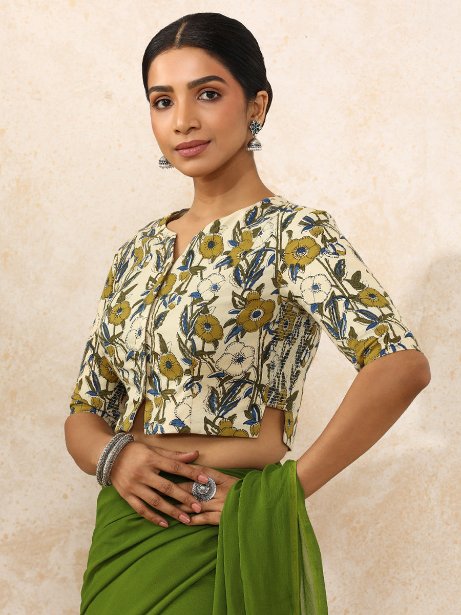Devika x Rozaana Saree Blouse, in White 100% Cotton - Block Printed, featuring elbow sleeves and round neckline (view 6).