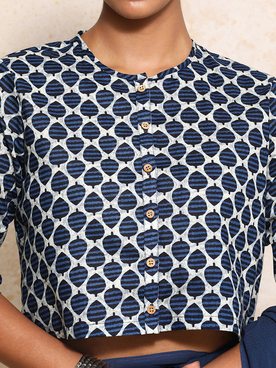 Dhriti x Rozaana Saree Blouse, in Blue 100% Cotton - Block Printed, featuring elbow sleeves and jewel neckline (view 3).