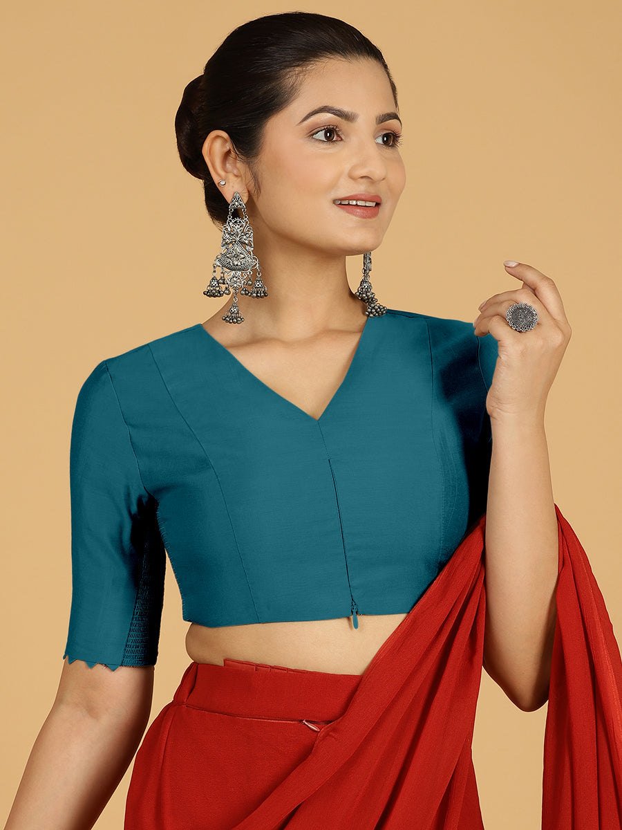 Divya x Rozaana Saree Blouse, in Blue Viscose, featuring elbow sleeves and v-neckline, made for daily & work (view 7).