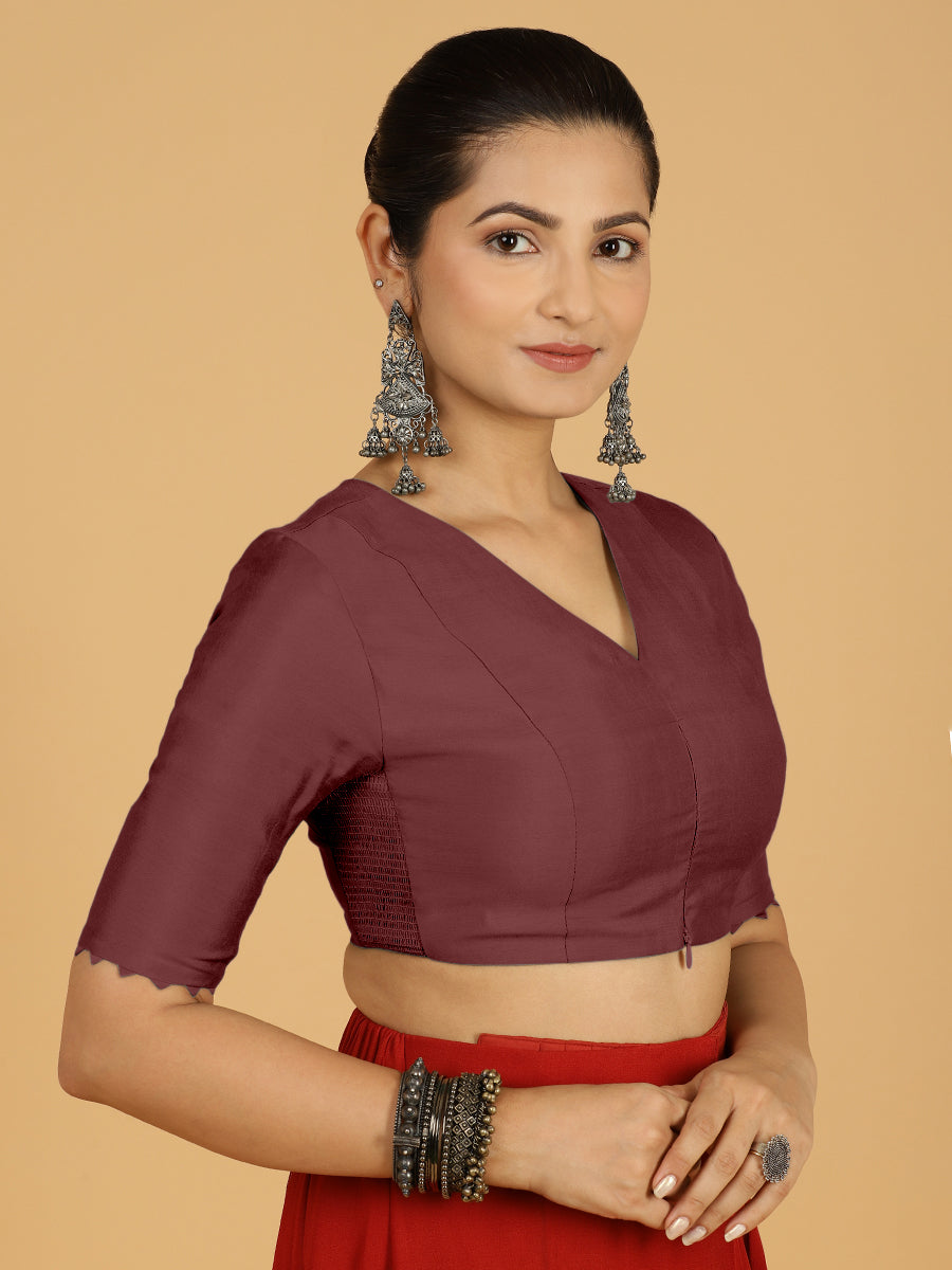 Divya x Rozaana Saree Blouse, in Maroon Viscose, featuring elbow sleeves and v-neckline, made for daily & work.