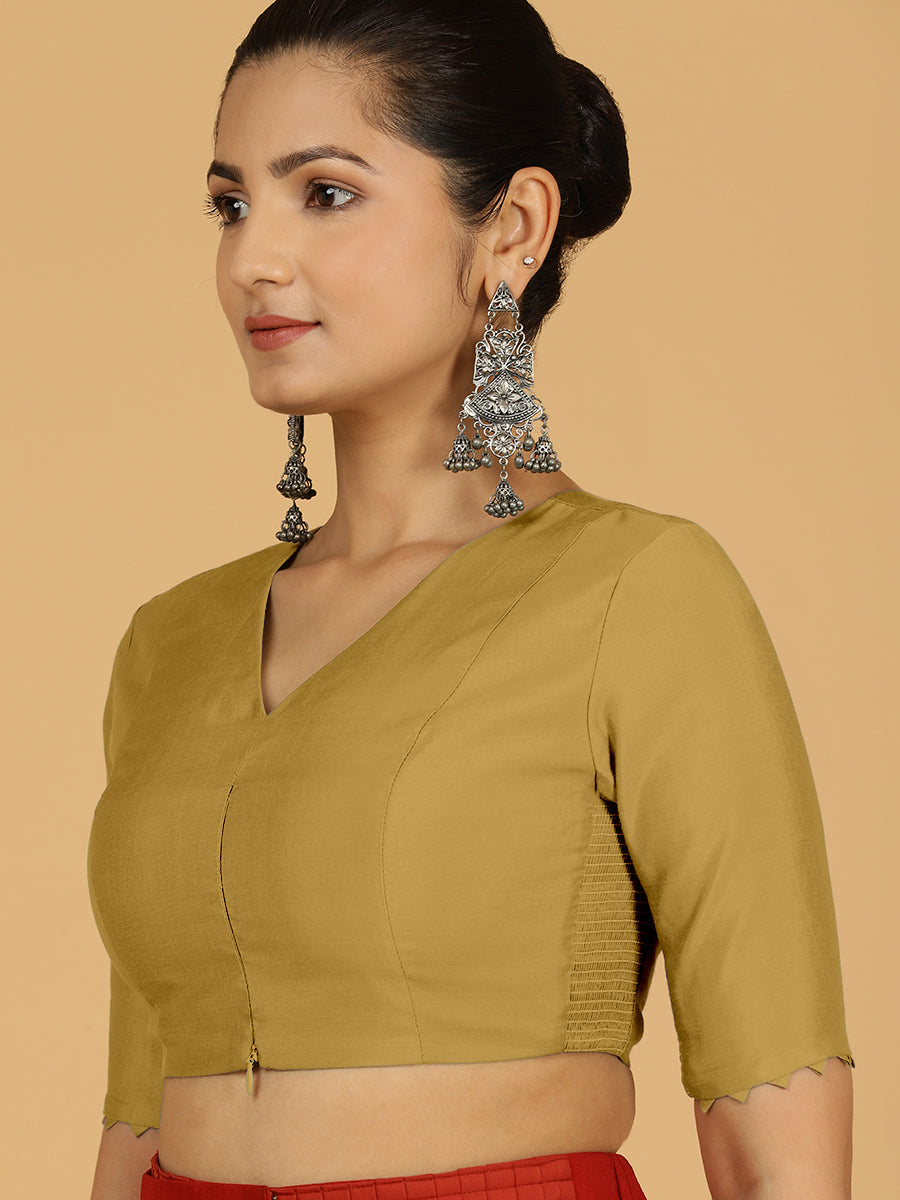 Divya x Rozaana Saree Blouse, in Yellow Viscose, featuring elbow sleeves and v-neckline, made for daily & work (view 5).