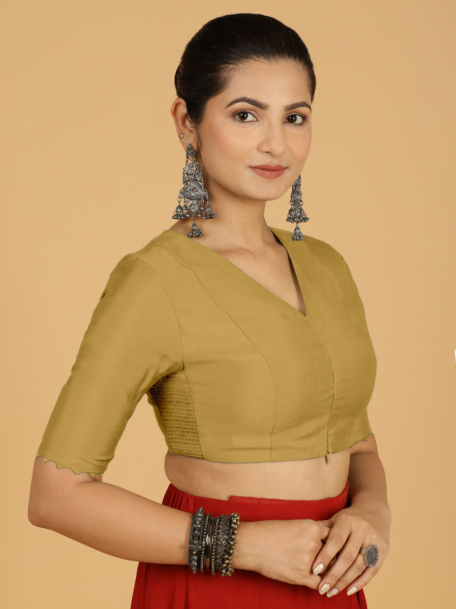 Divya x Rozaana Saree Blouse, in Yellow Viscose, featuring elbow sleeves and v-neckline, made for daily & work (view 6).