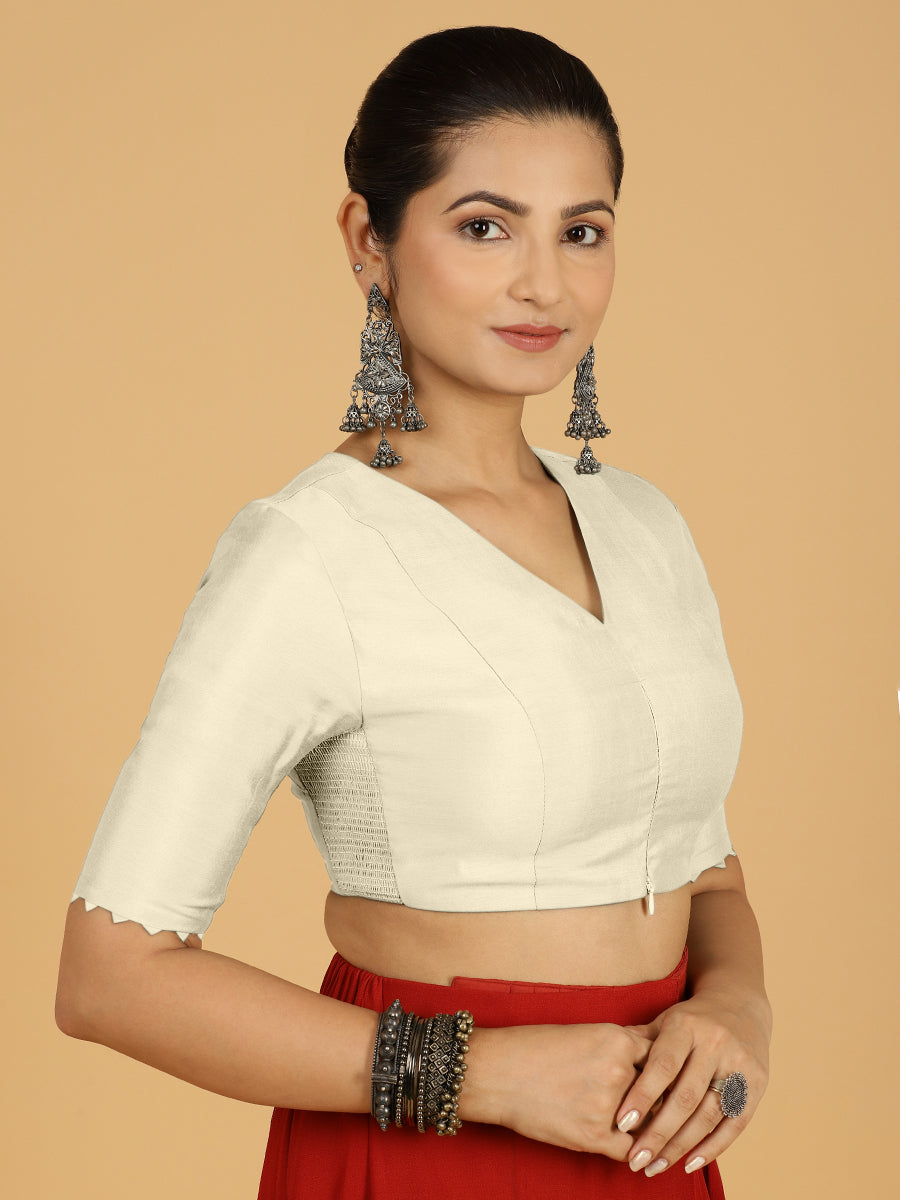 Divya x Rozaana Saree Blouse, in White Viscose, featuring elbow sleeves and v-neckline, made for daily & work (view 6).