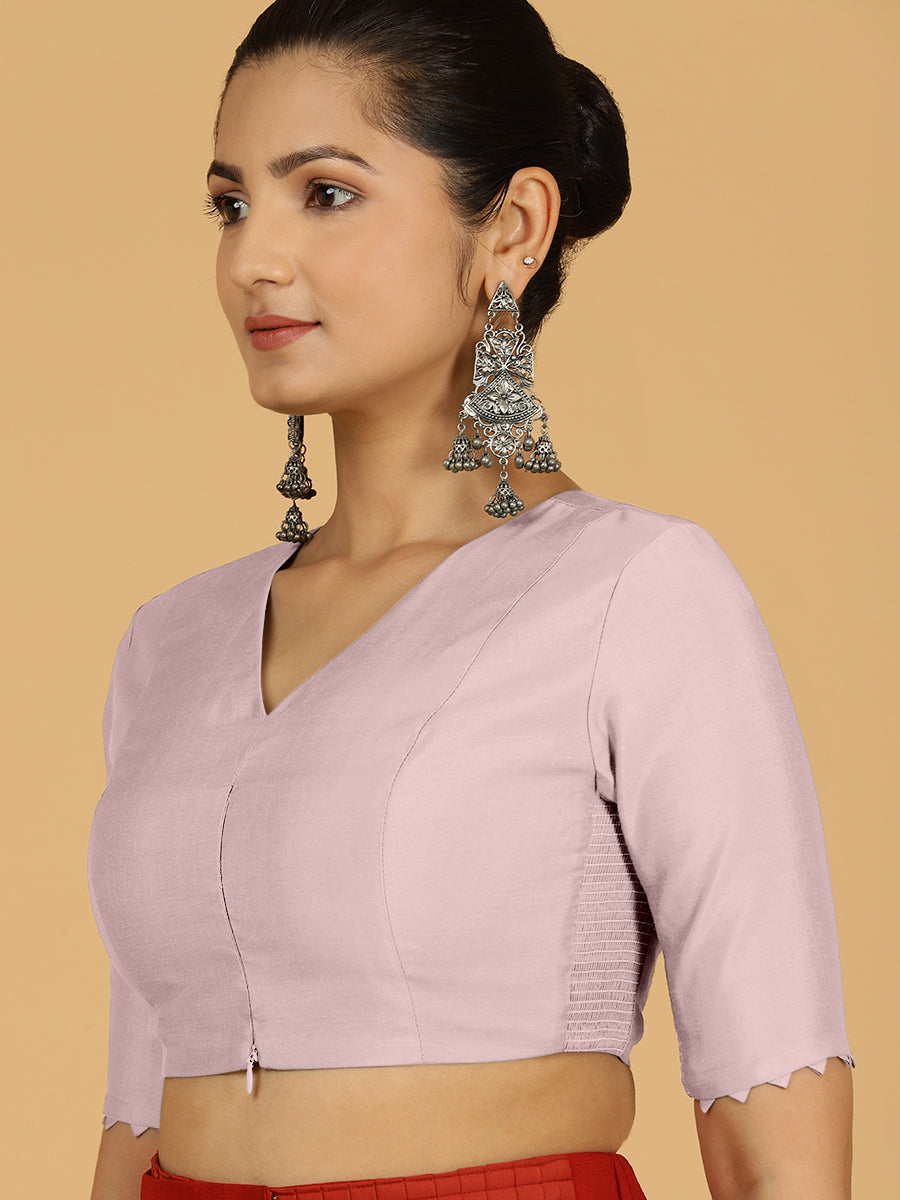Divya x Rozaana Saree Blouse, in Pink Viscose, featuring elbow sleeves and v-neckline, made for daily & work (view 5).