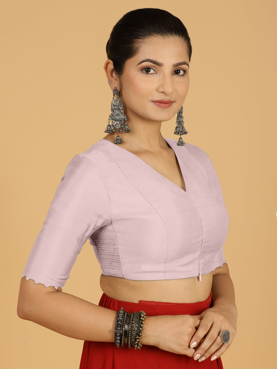 Divya x Rozaana Saree Blouse, in Pink Viscose, featuring elbow sleeves and v-neckline, made for daily & work (view 6).