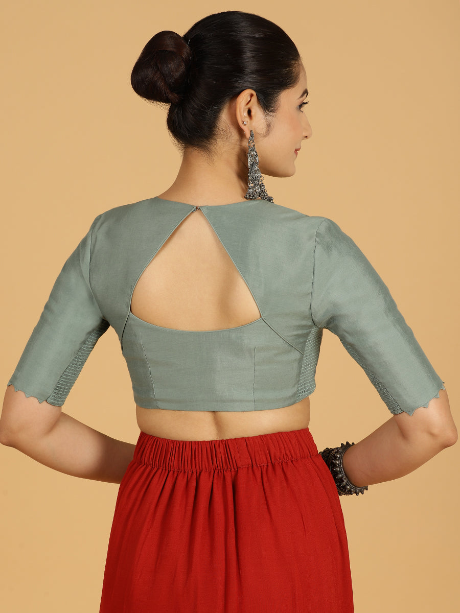 Divya x Rozaana Saree Blouse, in Green Viscose, featuring elbow sleeves and v-neckline, made for daily & work (view 2).