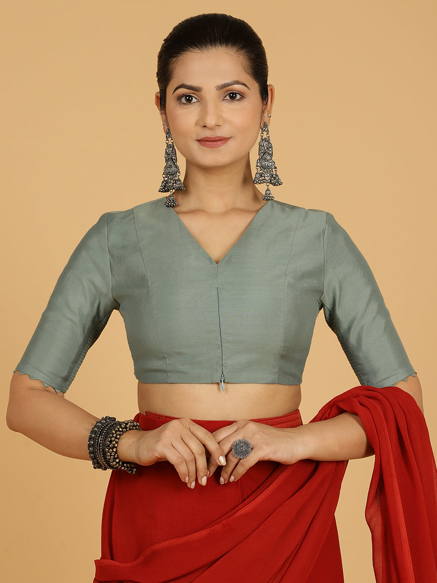 Divya x Rozaana Saree Blouse, in Green Viscose, featuring elbow sleeves and v-neckline, made for daily & work (view 7).