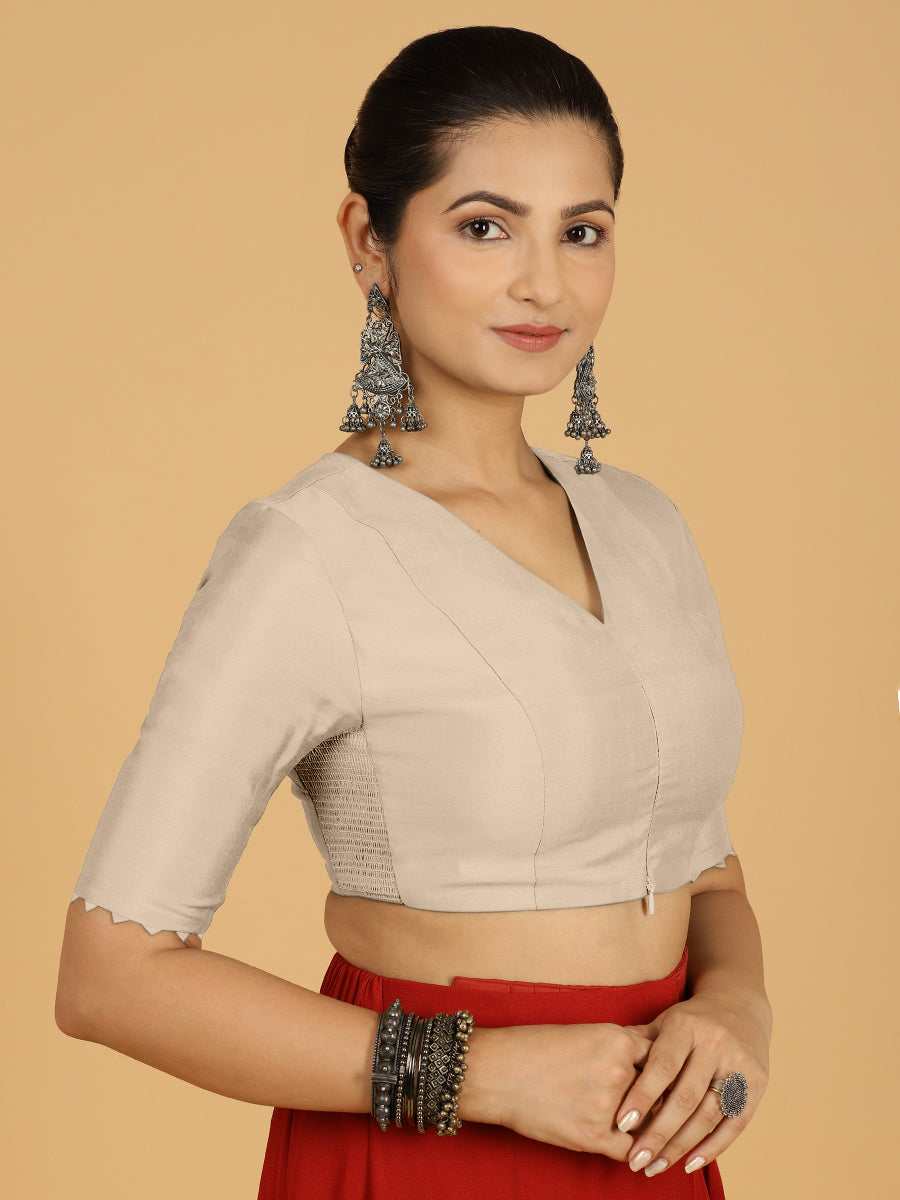 Divya x Rozaana Saree Blouse, in Grey Viscose, featuring elbow sleeves and v-neckline, made for daily & work (view 6).