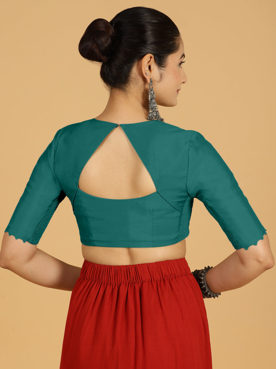 Divya x Rozaana Saree Blouse, in Green Viscose, featuring elbow sleeves and v-neckline, made for daily & work (view 2).