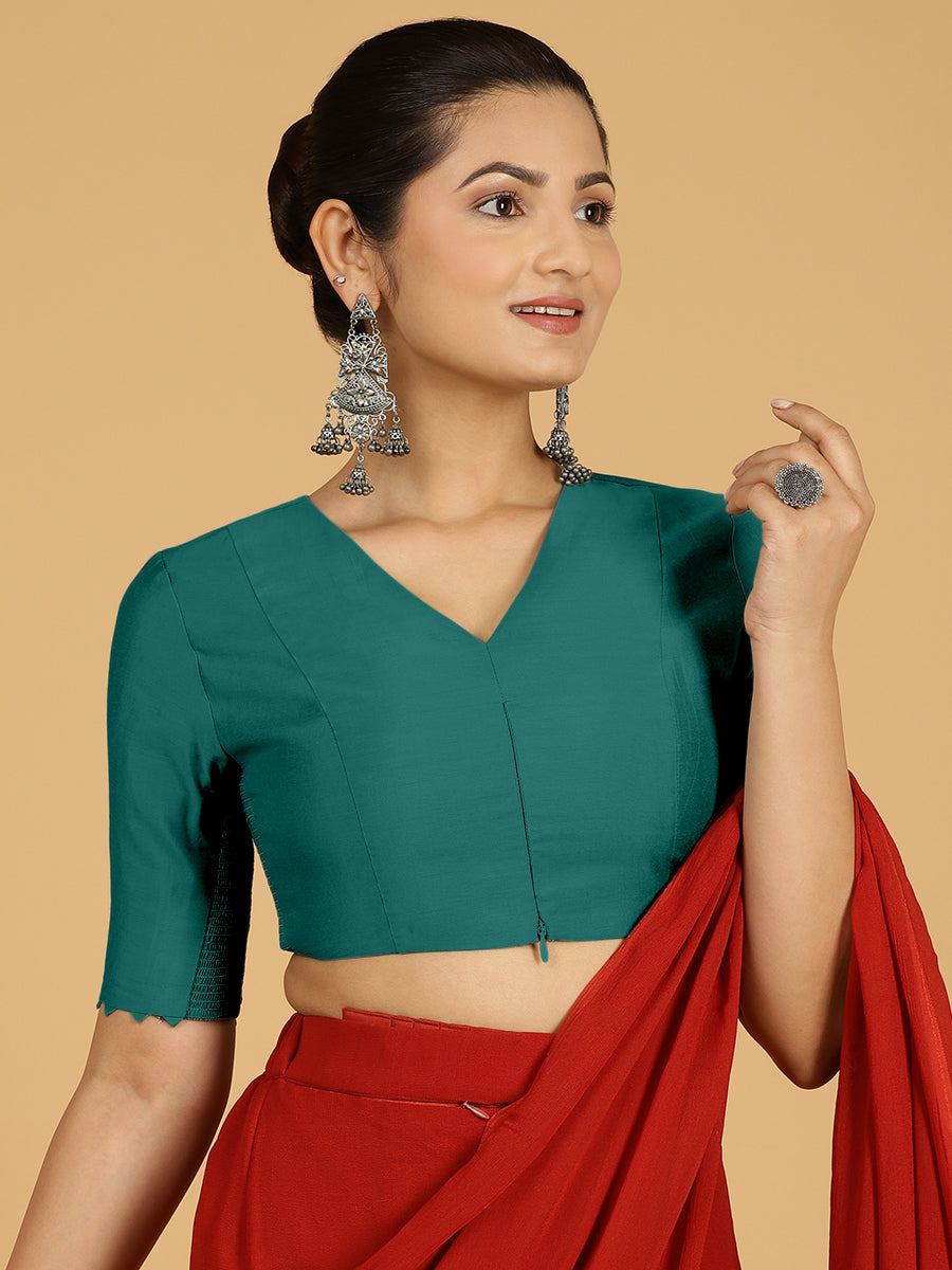 Divya x Rozaana Saree Blouse, in Green Viscose, featuring elbow sleeves and v-neckline, made for daily & work (view 7).