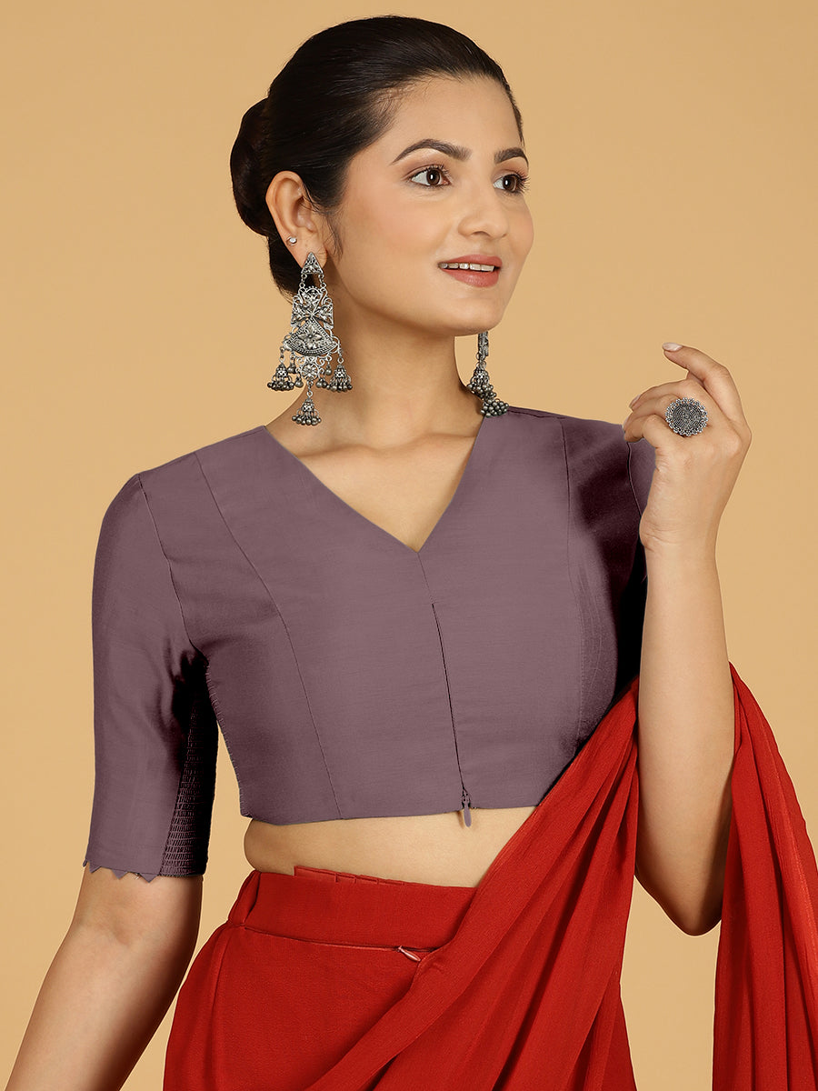 Divya x Rozaana Saree Blouse, in Purple Viscose, featuring elbow sleeves and v-neckline, made for daily & work.
