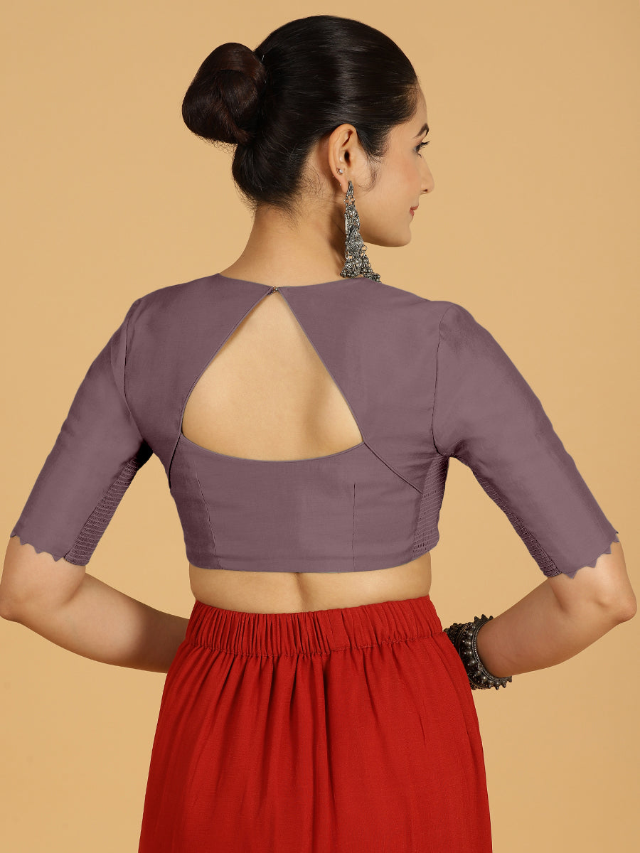 Divya x Rozaana Saree Blouse, in Purple Viscose, featuring elbow sleeves and v-neckline, made for daily & work (view 2).