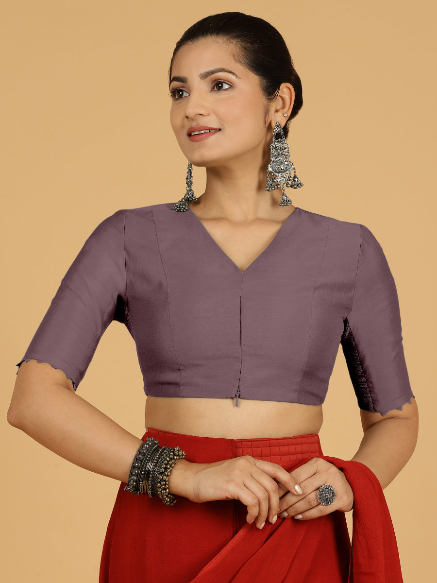 Divya x Rozaana Saree Blouse, in Purple Viscose, featuring elbow sleeves and v-neckline, made for daily & work (view 7).