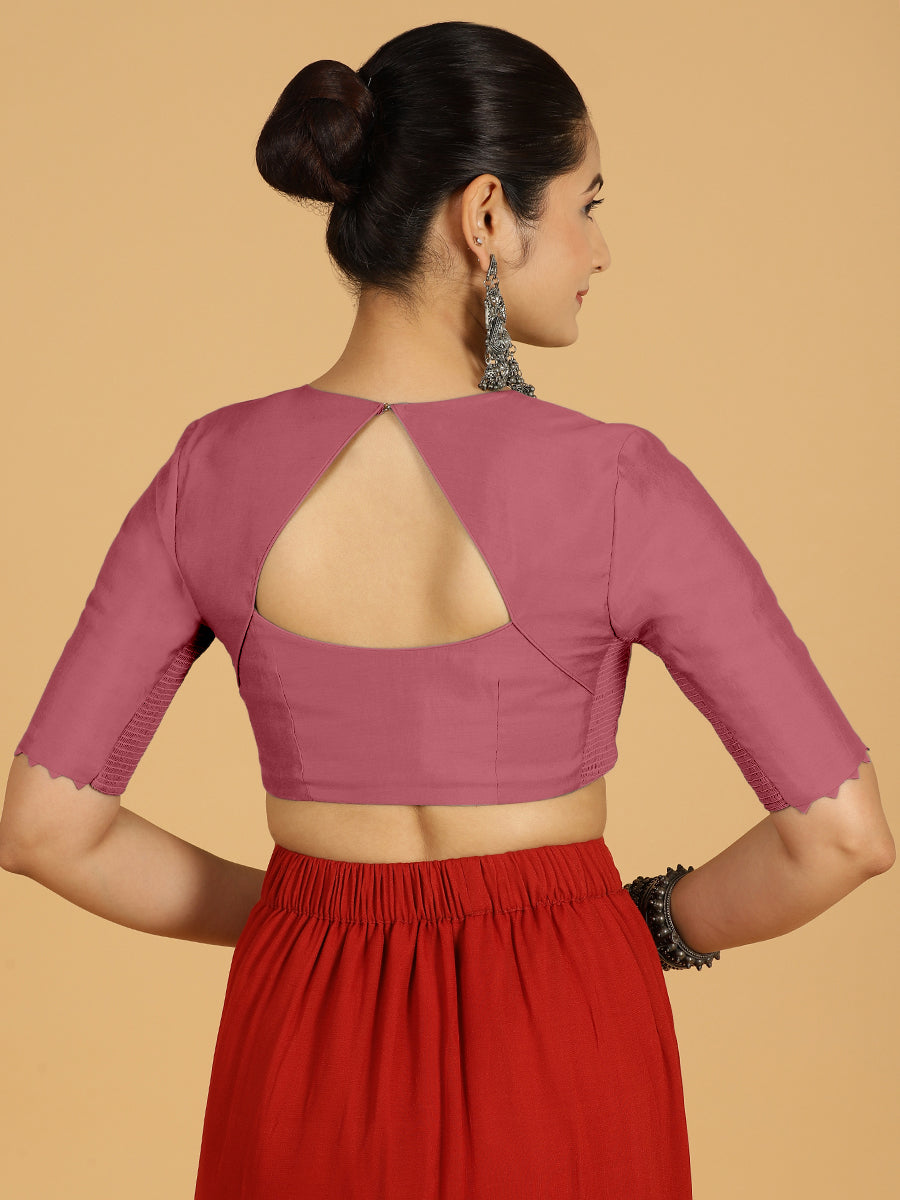 Divya x Rozaana Saree Blouse, in Pink Viscose, featuring elbow sleeves and v-neckline, made for daily & work (view 2).