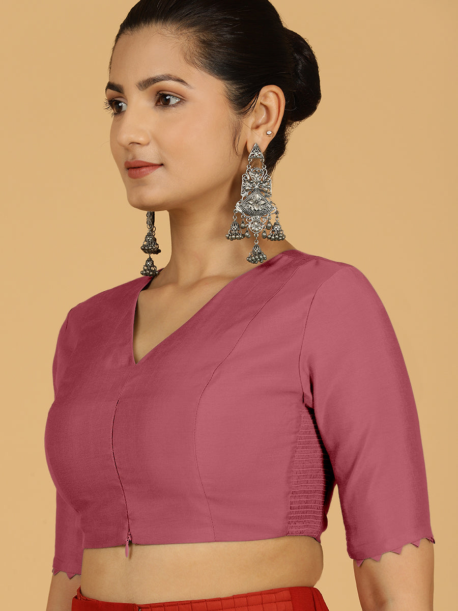 Divya x Rozaana Saree Blouse, in Pink Viscose, featuring elbow sleeves and v-neckline, made for daily & work (view 5).