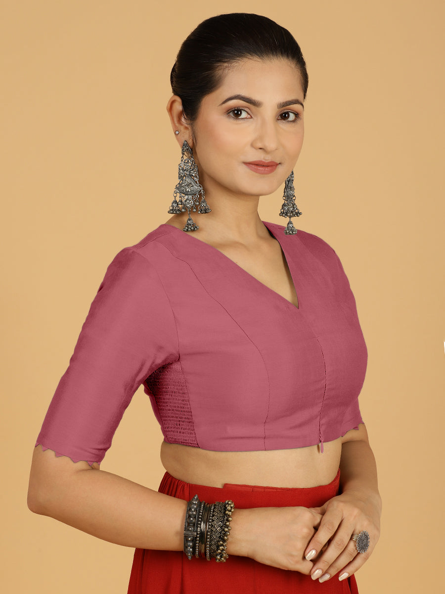 Divya x Rozaana Saree Blouse, in Pink Viscose, featuring elbow sleeves and v-neckline, made for daily & work (view 6).