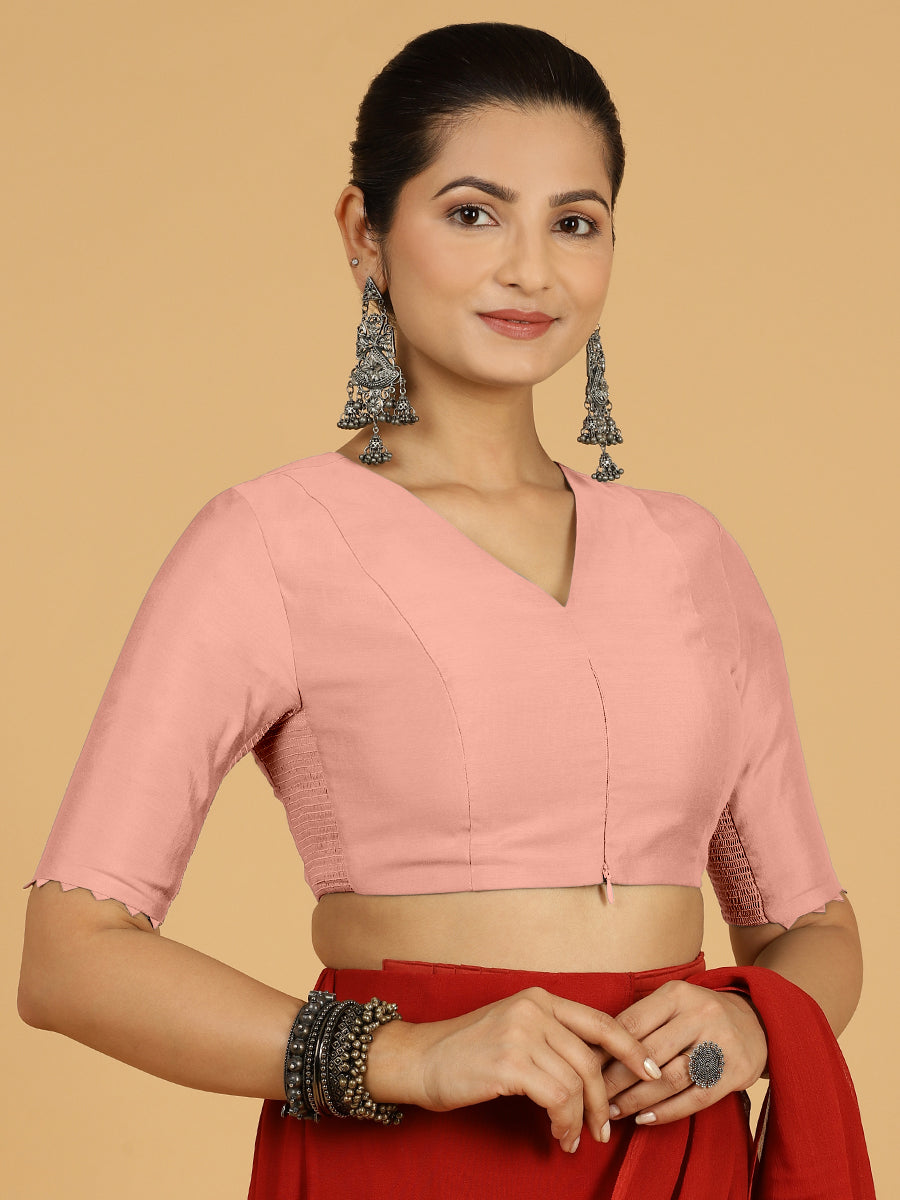 Divya x Rozaana Saree Blouse, in Pink Viscose, featuring elbow sleeves and v-neckline, made for daily & work.