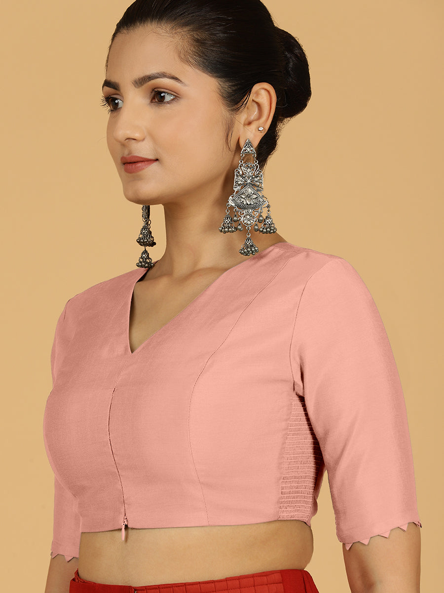 Divya x Rozaana Saree Blouse, in Pink Viscose, featuring elbow sleeves and v-neckline, made for daily & work (view 5).