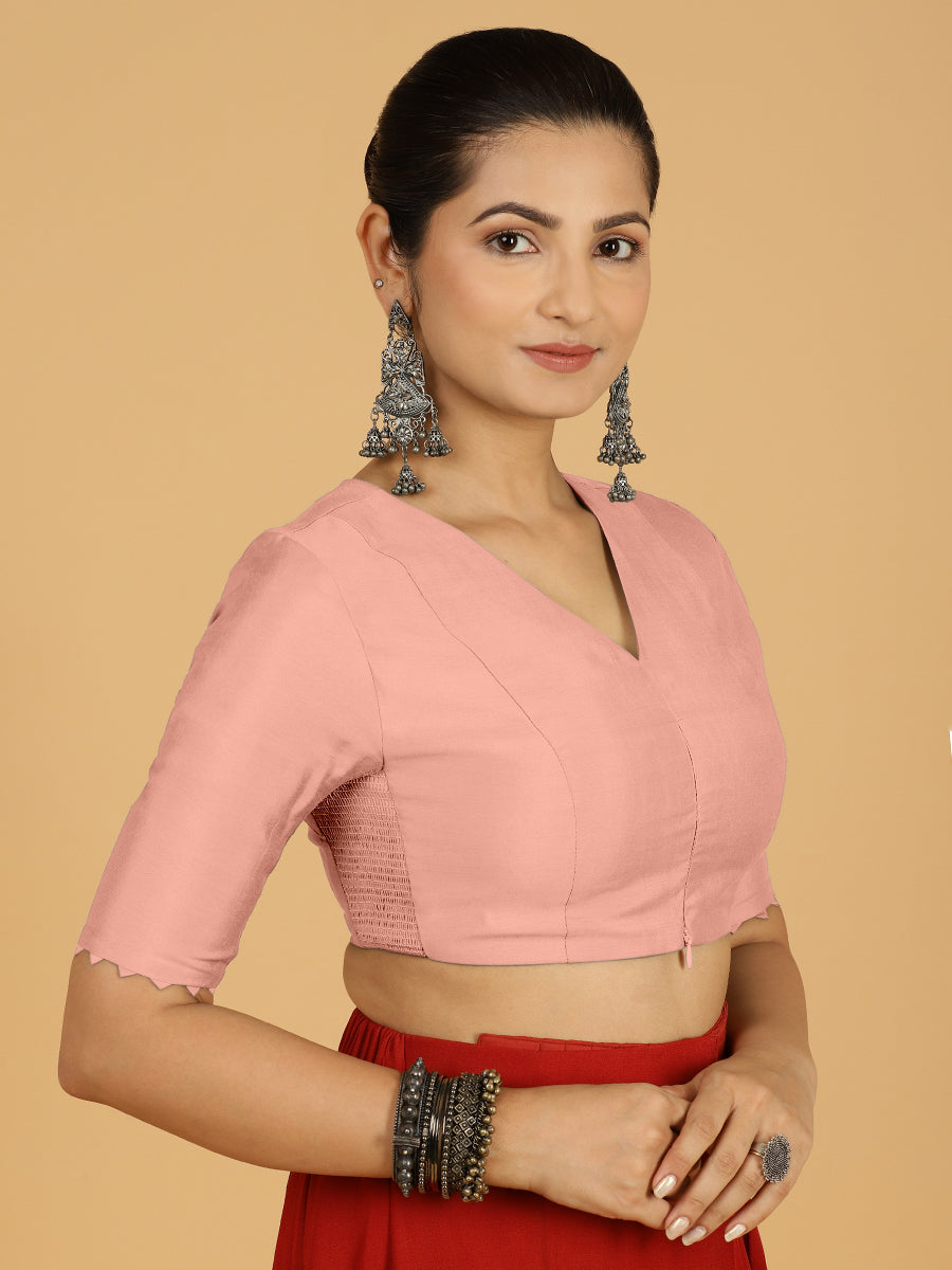 Divya x Rozaana Saree Blouse, in Pink Viscose, featuring elbow sleeves and v-neckline, made for daily & work (view 6).