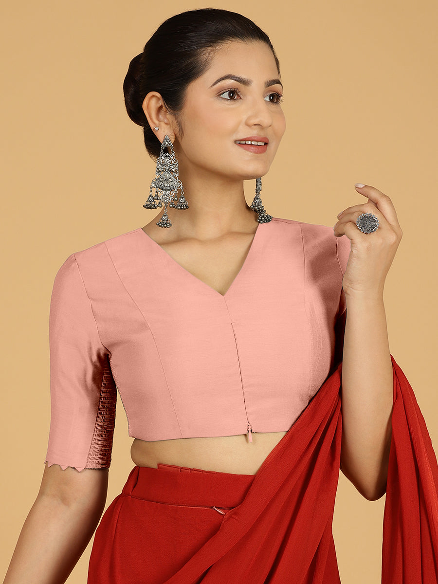 Divya x Rozaana Saree Blouse, in Pink Viscose, featuring elbow sleeves and v-neckline, made for daily & work (view 7).