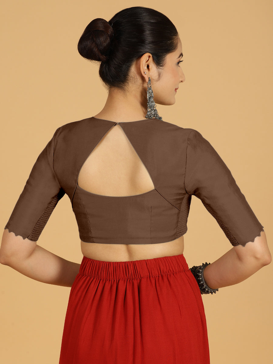 Divya x Rozaana Saree Blouse, in Brown Viscose, featuring elbow sleeves and v-neckline, made for daily & work (view 2).
