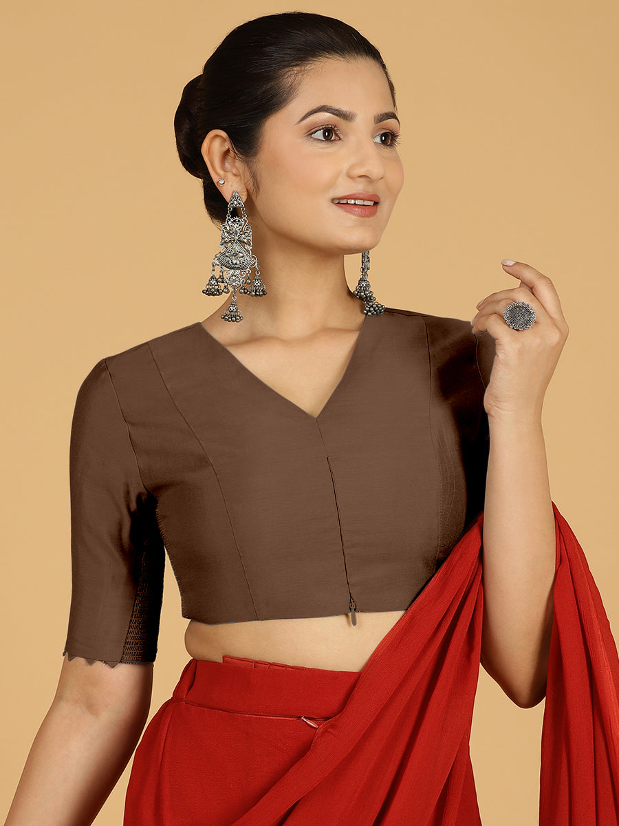 Divya x Rozaana Saree Blouse, in Brown Viscose, featuring elbow sleeves and v-neckline, made for daily & work (view 7).