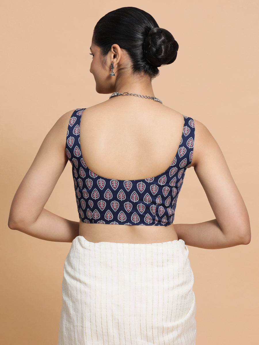 Ekta x Rozaana Saree Blouse, in Blue Cotton, featuring sleeveless and square neckline, made for daily & work (view 2).