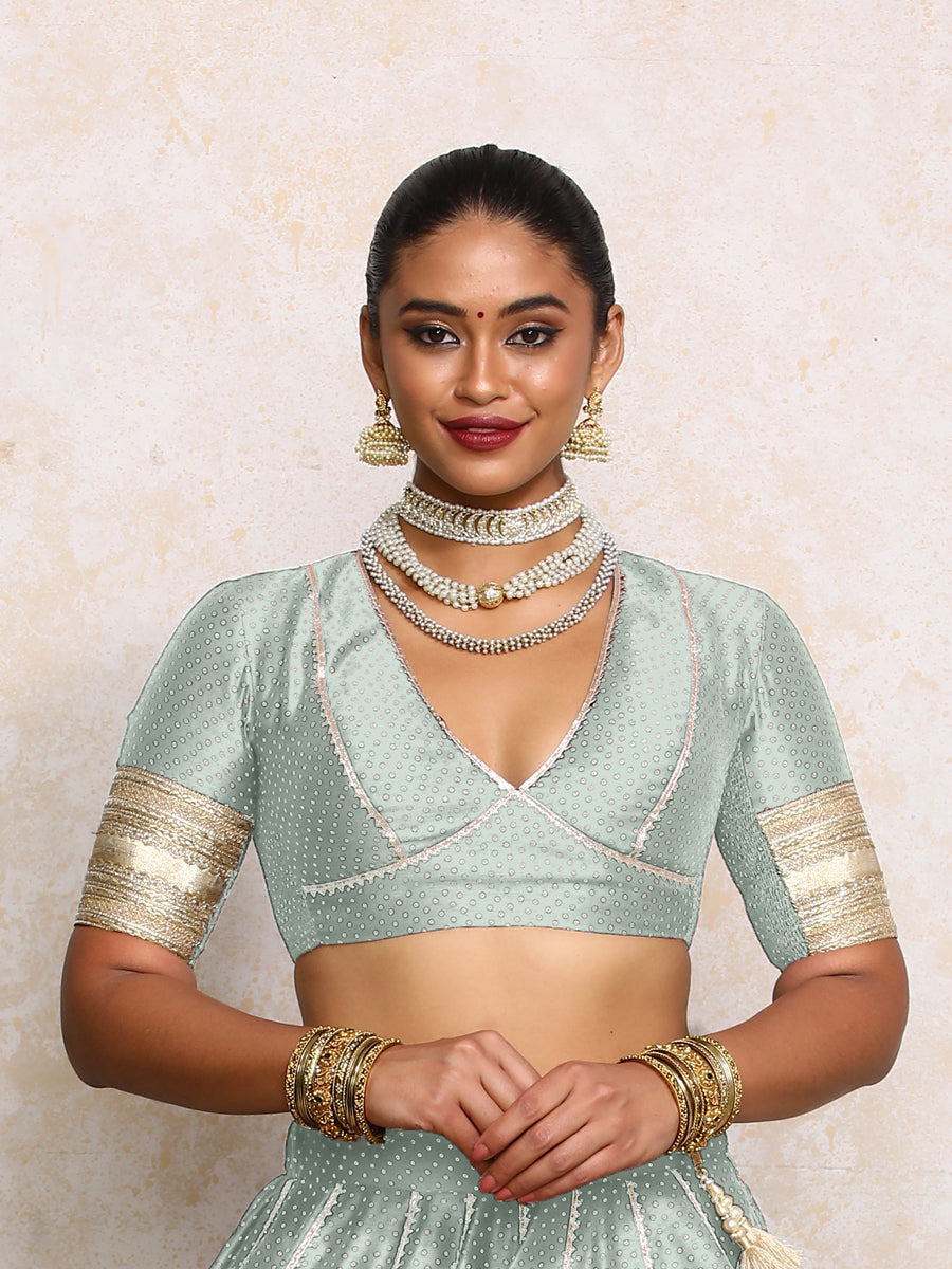 Elira x Tyohaar Saree Blouse, in Blue Chandheri, featuring elbow sleeves and v-neckline, made for party & festive (view 5).