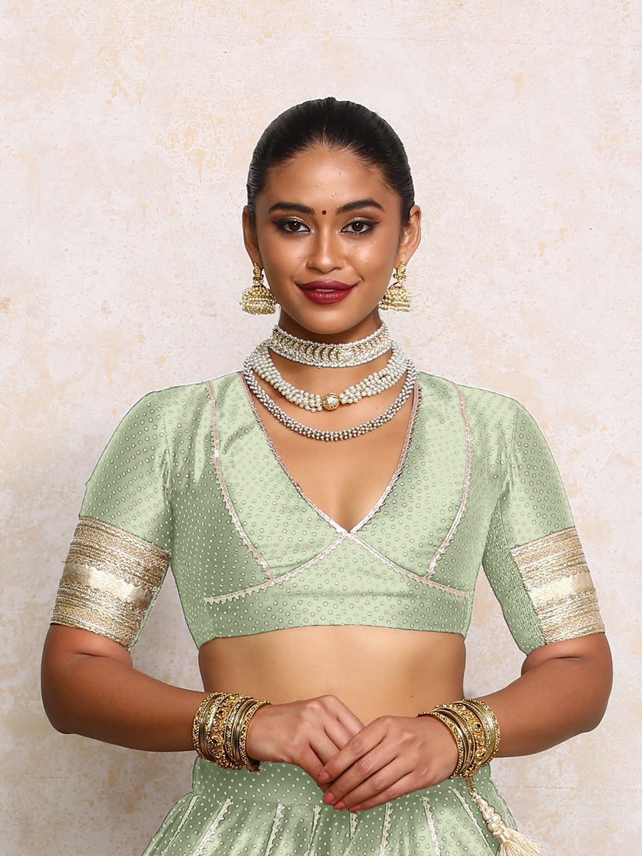 Elira x Tyohaar | Elbow Sleeves Light Green Foil Chandheri Saree Blouse