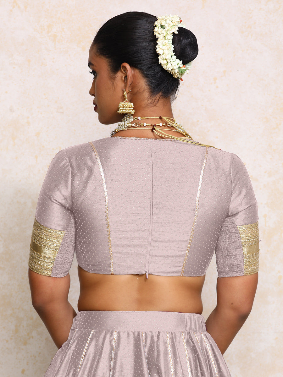 Elira x Tyohaar Saree Blouse, in Purple Chandheri, featuring elbow sleeves and v-neckline, made for party & festive (view 2).