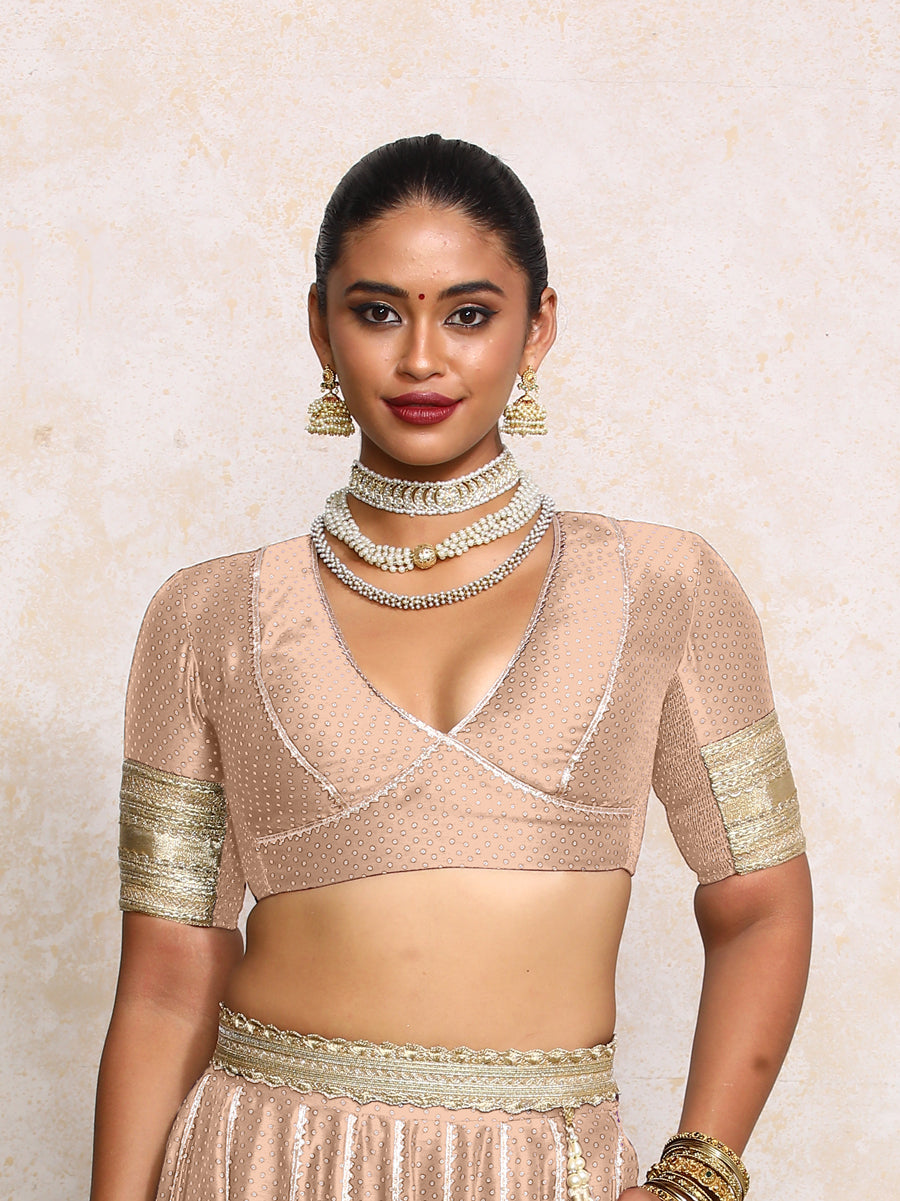 Elira x Tyohaar | Elbow Sleeves Muted Copper Foil Chandheri Saree Blouse
