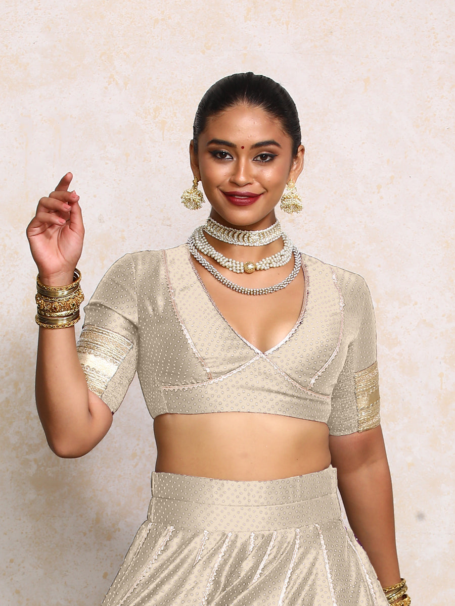 Elira x Tyohaar Saree Blouse, in Grey Chandheri, featuring elbow sleeves and v-neckline, made for party & festive (view 5).