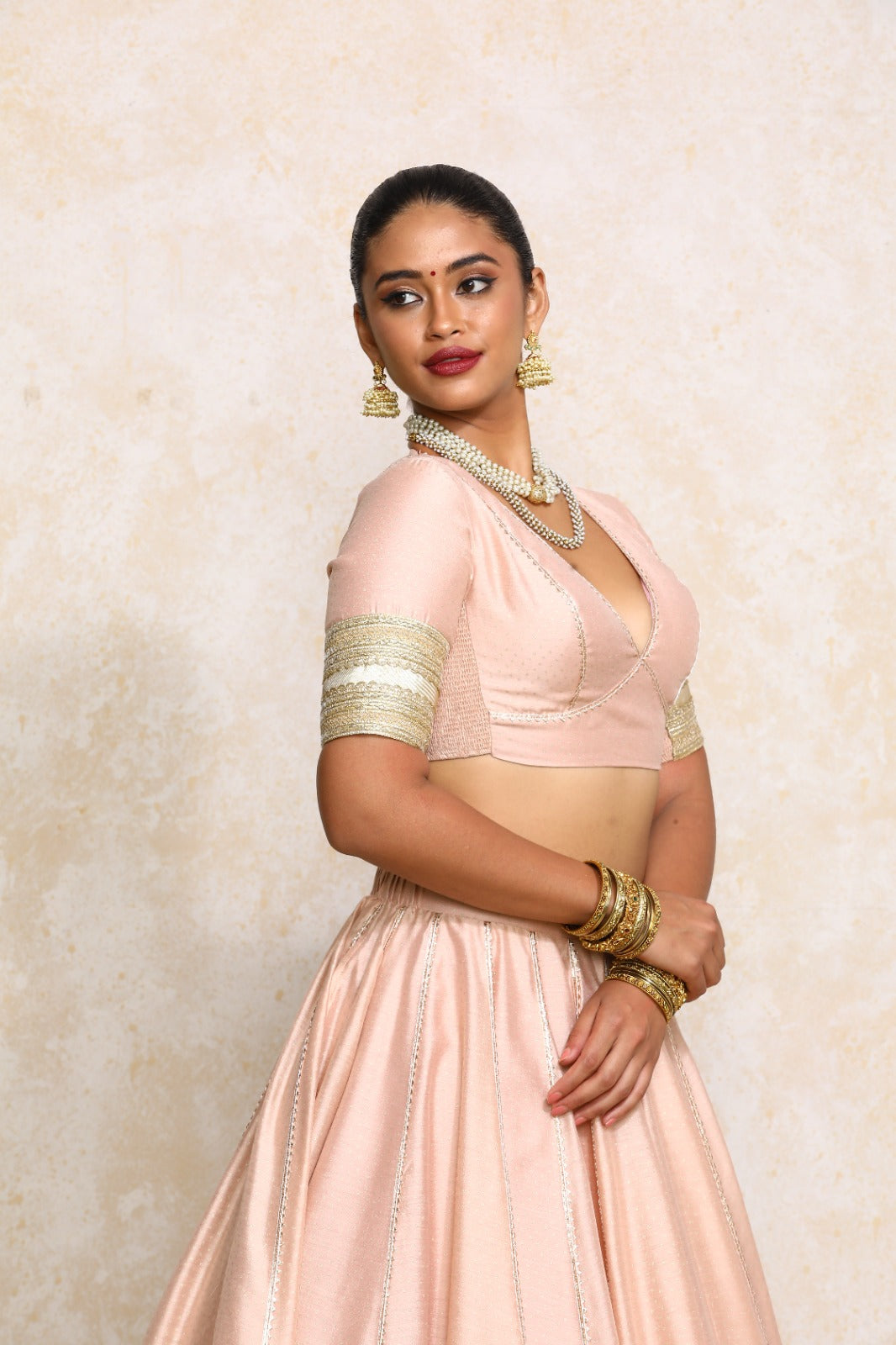 Elira x Tyohaar Saree Blouse, in Pink Chandheri, featuring elbow sleeves and v-neckline, made for party & festive (view 6).
