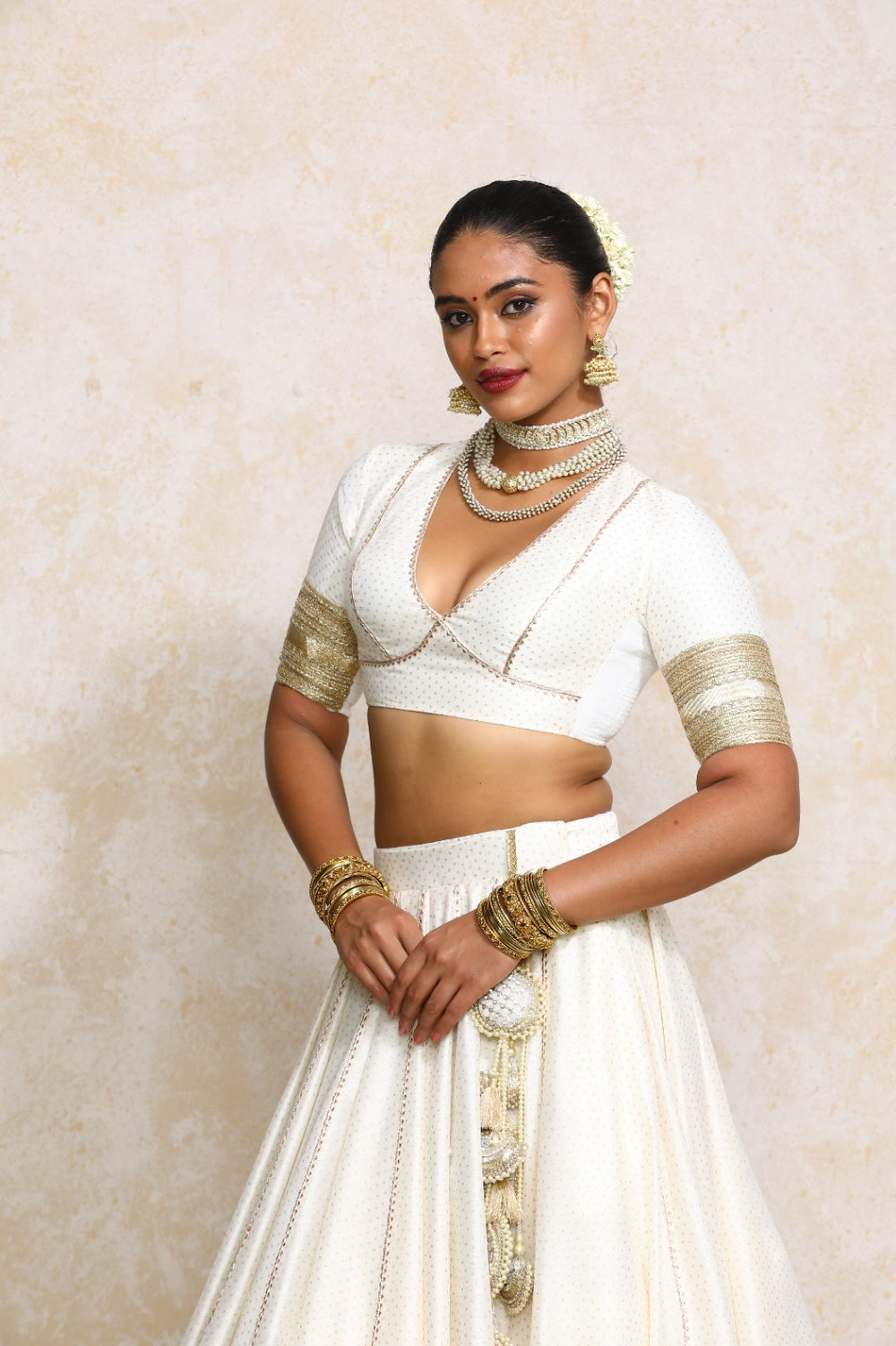 Elira x Tyohaar | Elbow Sleeves White Foil Chandheri Saree Blouse