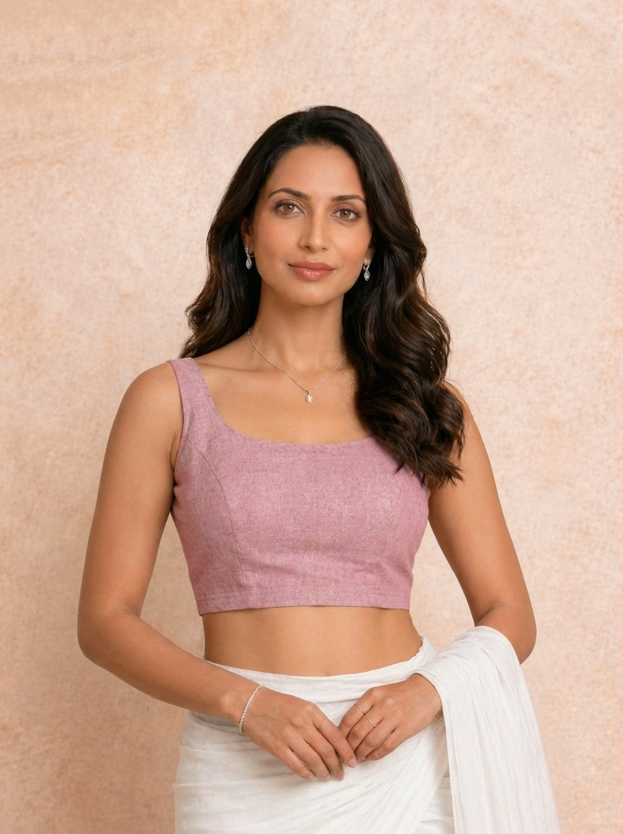 Elva Saree Blouse, in Pink Denim Lycra, featuring sleeveless and scoop neckline, made for daily & work (view 4).