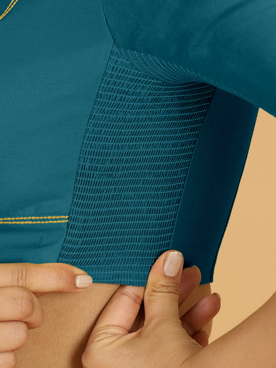 Erum x Rozaana Saree Blouse, in Blue Viscose, featuring elbow sleeves and curved v-neckline, made for daily & work (view 3).
