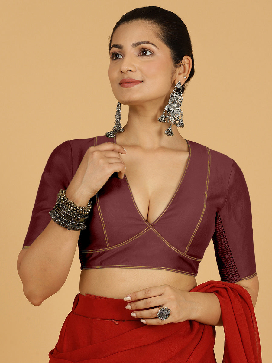 Erum x Rozaana Saree Blouse, in Maroon Viscose, featuring elbow sleeves and curved v-neckline, made for daily & work (view 7).