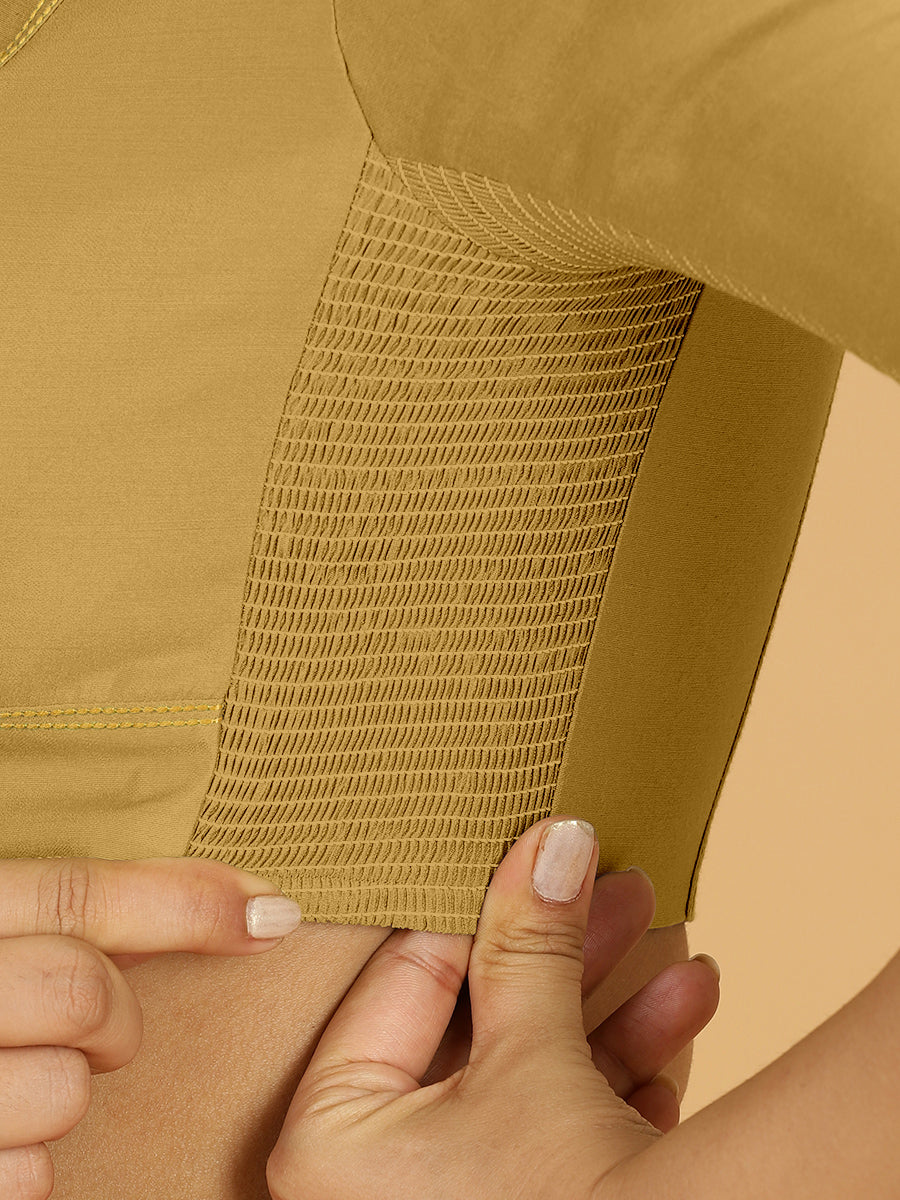 Erum x Rozaana Saree Blouse, in Yellow Viscose, featuring elbow sleeves and curved v-neckline, made for daily & work (view 3).