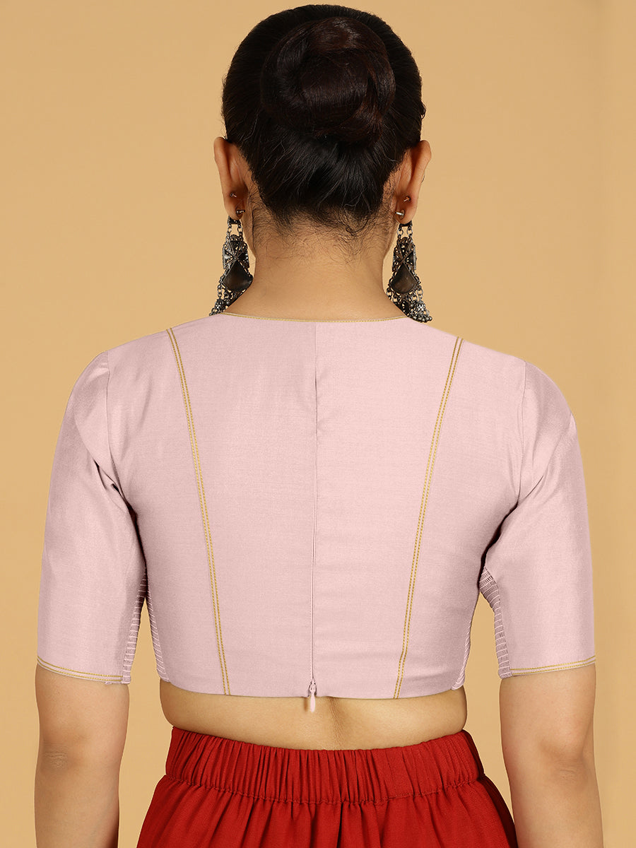 Erum x Rozaana Saree Blouse, in Purple Viscose, featuring elbow sleeves and curved v-neckline, made for daily & work (view 3).