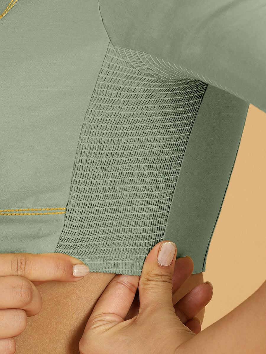 Erum x Rozaana Saree Blouse, in Green Viscose, featuring elbow sleeves and curved v-neckline, made for daily & work (view 3).