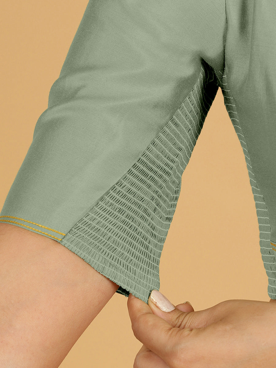 Erum x Rozaana Saree Blouse, in Green Viscose, featuring elbow sleeves and curved v-neckline, made for daily & work (view 4).