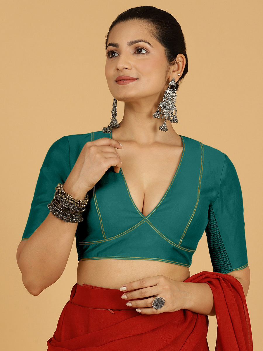 Erum x Rozaana Saree Blouse, in Green Viscose, featuring elbow sleeves and curved v-neckline, made for daily & work (view 7).